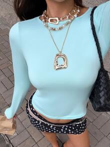 MainGRL Top ajustado de punto azul para mujer - Azul - Ver 1