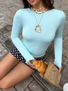MainGRL Top ajustado de punto azul para mujer - Azul - Ver 2