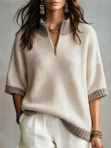 SHEIN 新款秋季北歐復古 70 年代簡約休閒淺灰色半拉鍊針織套頭衫 女款小高領中袖寬鬆版型 度假早午餐旅行穿搭 - 駝色 - 查看 9