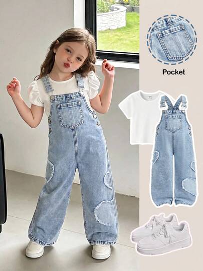 Kids Young Girl Young Girls'Y2k Cute Heart Patchwork Light Blue Denim Loose With Hem,Fall/Winter,For Girls Back To School Clothes,Halloween Outfits