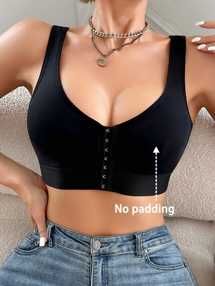 Women Solid Color Casual Front Closure Wire-Free Bra - Black - View 4