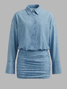 Cévolie Gaun Bodycon Longgar dengan Efek Denim Biru Muda Cetak Digital Terbaru untuk Musim Panas - Biru - View 5