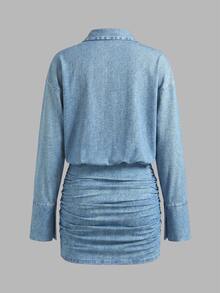Cévolie Gaun Bodycon Longgar dengan Efek Denim Biru Muda Cetak Digital Terbaru untuk Musim Panas - Biru - View 3