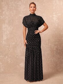 Lumalex 波點軟飄逸網紗高領抓皺腰身貼身洋裝 女款度假黑色與白色波點夏季優雅 - 黑色 - 查看 5
