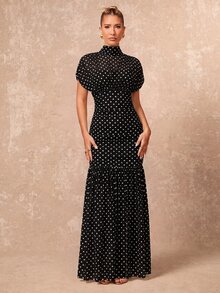 Lumalex 波點軟飄逸網紗高領抓皺腰身貼身洋裝 女款度假黑色與白色波點夏季優雅 - 黑色 - 查看 4