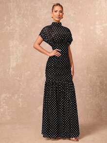Lumalex 波點軟飄逸網紗高領抓皺腰身貼身洋裝 女款度假黑色與白色波點夏季優雅 - 黑色 - 查看 6