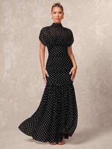 Lumalex 波點軟飄逸網紗高領抓皺腰身貼身洋裝 女款度假黑色與白色波點夏季優雅 - 黑色 - 查看 9