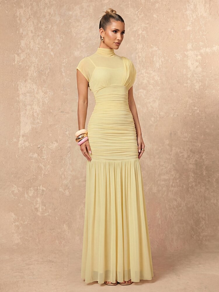 Lumalex Flowy Soft Mesh Mock Neck Short Sleeve Ruched Waist Bodycon Dress With Flared Hem - Light Yellow - View 11