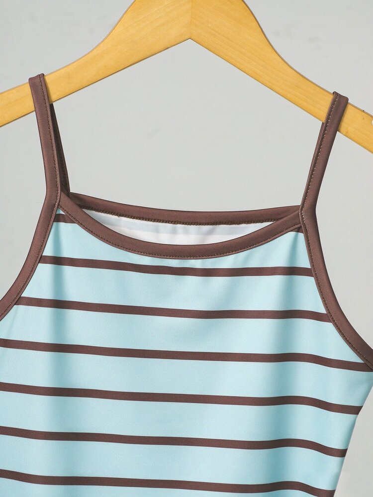 Girls 3 Piece Brown Plaid Striped Knit Set Long Sleeve Button Up Cardigan Tank Top Elastic Waist Shorts Sweet Casual Cute Aesthetic Autumn Holiday - Teal Blue - View 4