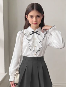 SHEIN Tween女孩開學百搭白色襯衫，休閒日常時尚，適合疊穿與外穿，畢業季與正式場合完美選擇 - 白色 - 查看 7