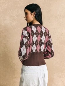 Poéselle 女款菱格紋休閒百搭日常長袖毛衣，法式復古格紋開襟衫，秋冬女款毛衣 - 咖啡棕 - 查看 7