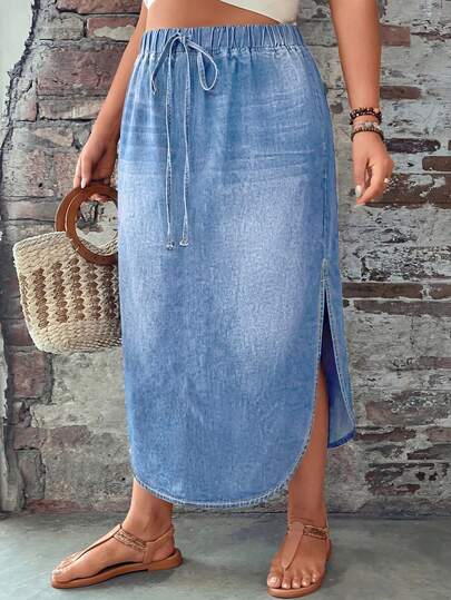 SHEIN LUNE Plus Size Women'S Casual Traditional Denim Skirt With Waist Tie Brunch Date Night Light Blue Summer Vacation Outfits