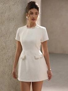 BELROSIE Chunky Beaded Decor Fitted Waist Slim Minimalist French Elegant Short Sleeve Mini Dress, Suitable For Wedding, Spring Summer Brunch Off-White - White - View 2