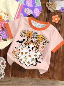 Halloween Baby Girl Casual Minimalist Cute Shiny Textured Ghost Little Devil, Leopard Print, Bat, Spider Web Pattern, Pumpkin Color, Short Sleeve Round Neck Top Suitable For Summer Party Looks, BOO, Kawaii - Multicolor - View 3