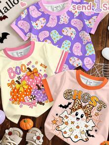 Halloween Baby Girl Casual Minimalist Cute Shiny Textured Ghost Little Devil, Leopard Print, Bat, Spider Web Pattern, Pumpkin Color, Short Sleeve Round Neck Top Suitable For Summer Party Looks, BOO, Kawaii - Multicolor - View 6