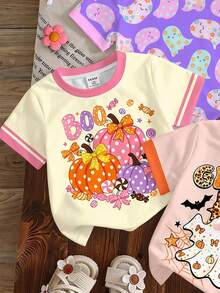 Halloween Baby Girl Casual Minimalist Cute Shiny Textured Ghost Little Devil, Leopard Print, Bat, Spider Web Pattern, Pumpkin Color, Short Sleeve Round Neck Top Suitable For Summer Party Looks, BOO, Kawaii - Multicolor - View 4