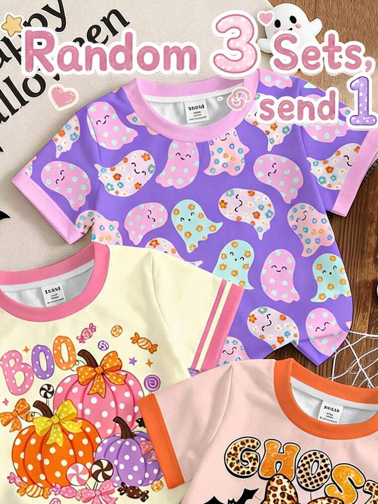 Halloween Baby Girl Casual Minimalist Cute Shiny Textured Ghost Little Devil, Leopard Print, Bat, Spider Web Pattern, Pumpkin Color, Short Sleeve Round Neck Top Suitable For Summer Party Looks, BOO, Kawaii - Multicolor - View 5