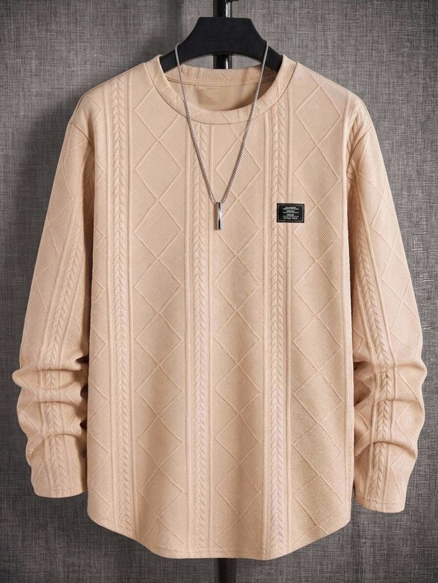EASEVO Men's Plus Size Loose Knit Wheat Ear Argyle Long Sleeve Crew Neck T-Shirt - Apricot - View 1