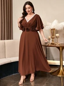 Reflora Plus Size Women's Elegant Dress With 3D Floral Waist Decoration And Ruffle Short Sleeves - Khaki - View 5