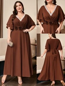Reflora Plus Size Women's Elegant Dress With 3D Floral Waist Decoration And Ruffle Short Sleeves - Khaki - View 4