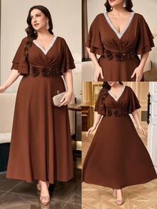 Reflora Plus Size Women's Elegant Dress With 3D Floral Waist Decoration And Ruffle Short Sleeves - Khaki - View 10