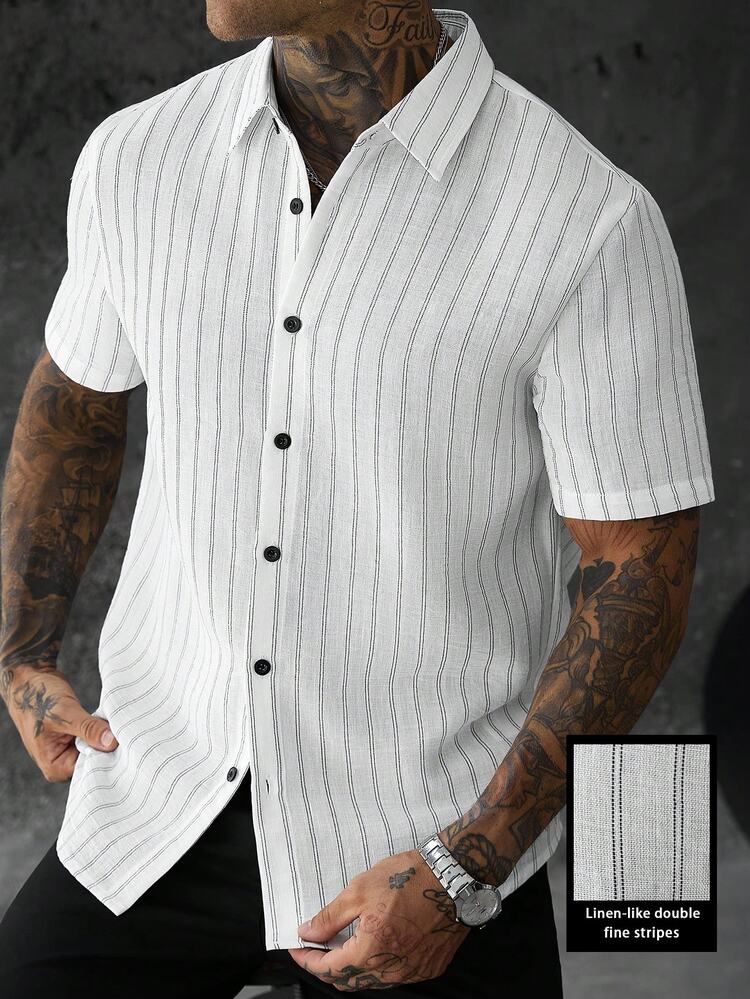 SLATEMANN Men's Black & White Vintage Fine Striped Textured Short Sleeve Shirt, Loose Fit, Casual Daily Commute Top - Black and White - View 6