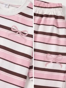 SHEIN 2件組少女針織條紋休閒T恤與長褲套裝，柔軟舒適返校穿搭 - 粉色 - 查看 6