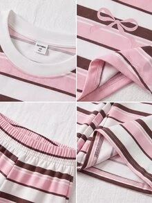 SHEIN 2件組少女針織條紋休閒T恤與長褲套裝，柔軟舒適返校穿搭 - 粉色 - 查看 5