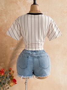 Soleia New Textured Fabric Round Neck Waist-Cinching Short Sleeve T-Shirt For Women - Black and White - View 2