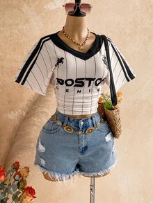 Soleia New Textured Fabric Round Neck Waist-Cinching Short Sleeve T-Shirt For Women - Black and White - View 4