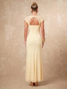 Lumalex New Lace Patchwork Light Yellow Mermaid Hem Waist-Flattering Ruched Long Dress - Light Yellow - View 12