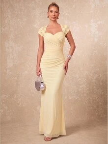 Lumalex New Lace Patchwork Light Yellow Mermaid Hem Waist-Flattering Ruched Long Dress - Light Yellow - View 5