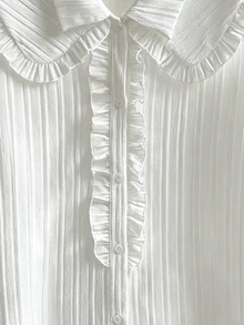 SHEIN 青少年女孩領口荷葉邊紋理布料長袖襯衫 - 卡其色 - 查看 4