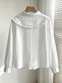 SHEIN 青少年女孩領口荷葉邊紋理布料長袖襯衫 - 卡其色 - 查看 5