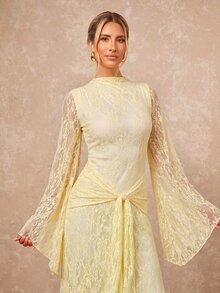 Lumalex 女款優雅淡黃色秋季洋裝，保守老錢風蕾絲正式禮服，適合婚禮、花園派對賓客、用餐與節日派對，綁帶喇叭袖 - 淡黃色 - 查看 7