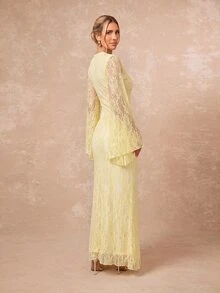 Lumalex 女款優雅淡黃色秋季洋裝，保守老錢風蕾絲正式禮服，適合婚禮、花園派對賓客、用餐與節日派對，綁帶喇叭袖 - 淡黃色 - 查看 6