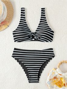 Swim Lushoire Ladies' Striped Circular Link Sexy Bikini Set For Summer Beach, 2pcs - Black and White - View 4