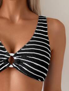 Swim Lushoire Ladies' Striped Circular Link Sexy Bikini Set For Summer Beach, 2pcs - Black and White - View 3