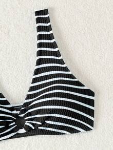 Swim Lushoire Ladies' Striped Circular Link Sexy Bikini Set For Summer Beach, 2pcs - Black and White - View 5