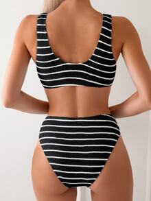 Swim Lushoire Ladies' Striped Circular Link Sexy Bikini Set For Summer Beach, 2pcs - Black and White - View 2