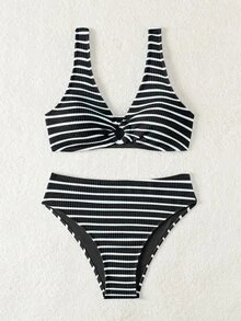 Swim Lushoire Ladies' Striped Circular Link Sexy Bikini Set For Summer Beach, 2pcs - Black and White - View 7