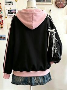 Lalippa Sweatshirt Lengan Panjang Berkerudung Regular Fit Wanita dengan Cetakan Huruf Multi-Warna dan Detail Webbing Bergaris, Gaya Minimalis Modis, Musim Gugur/Dingin, Hadiah untuk Teman - Hitam - View 2