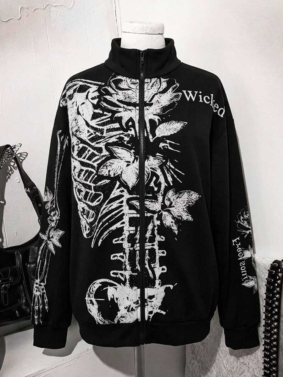 Attitoon Women's Casual Skeleton Print Sweatshirt, Autumn/Winter - Black - View 1