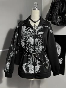 Attitoon 女款休閒骷髏印花運動衫，秋冬款 - 黑色 - 查看 2
