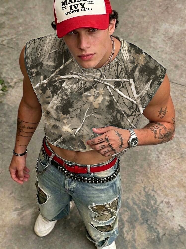 Resyla Men Summer Outdoor Top, Men's Tank Top, Vintage Dried Leaf Print Pattern, Street Style, Casual Tank Top, Daily Wear, Outdoor, Suitable For Sports - Multicolor - View 4