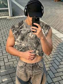 Resyla Men 夏季戶外男士背心，復古乾葉印花圖案，街頭風休閒背心，適合日常穿著與戶外運動 - 彩色 - 查看 3