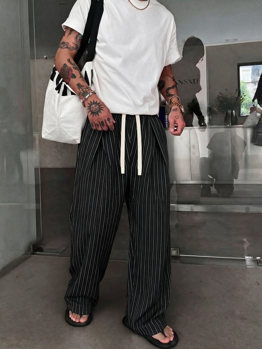 STEELVANCE Men's Fashion Commuter Striped Wide Leg Pants - Black - View 1