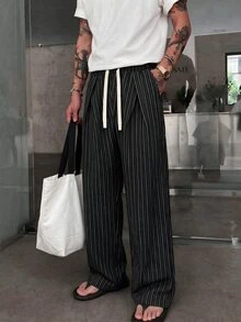 STEELVANCE Men's Fashion Commuter Striped Wide Leg Pants - Black - View 4