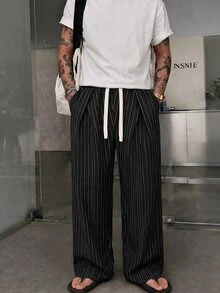 STEELVANCE Men's Fashion Commuter Striped Wide Leg Pants - Black - View 3