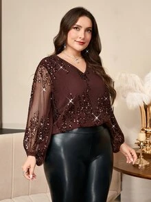 SHEIN Clasi 大尺碼女款秋冬幾何花卉線條印花前排扣長袖通勤街頭風襯衫，適合日常穿著 - 棕色 - 查看 3